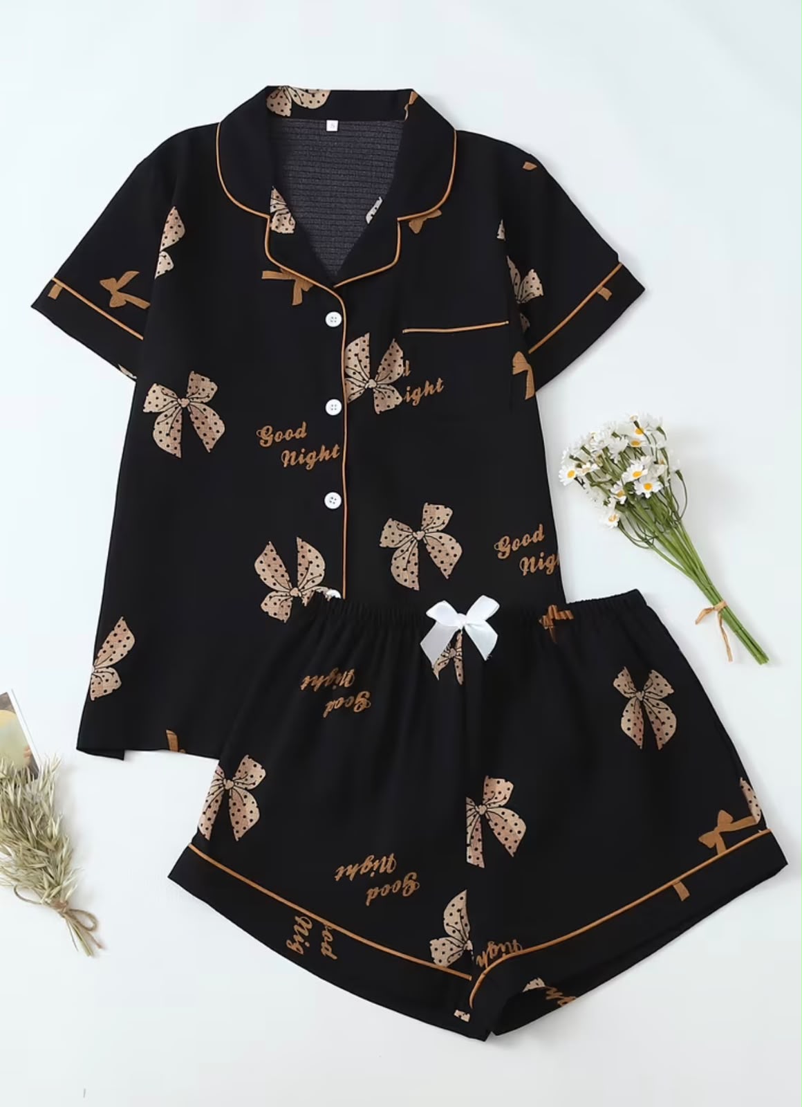 PIJAMA CONJUNTO CORTA NEGRO CON LAZOS TALLA M