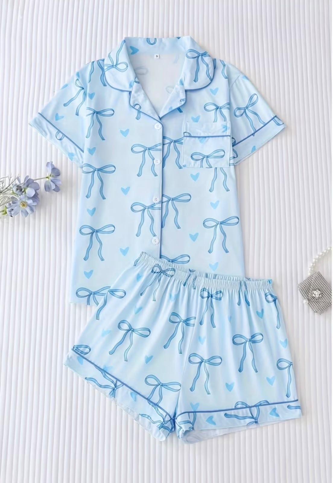 PIJAMA CONJUNTO CORTA AZUL CON LAZOS TALLA M
