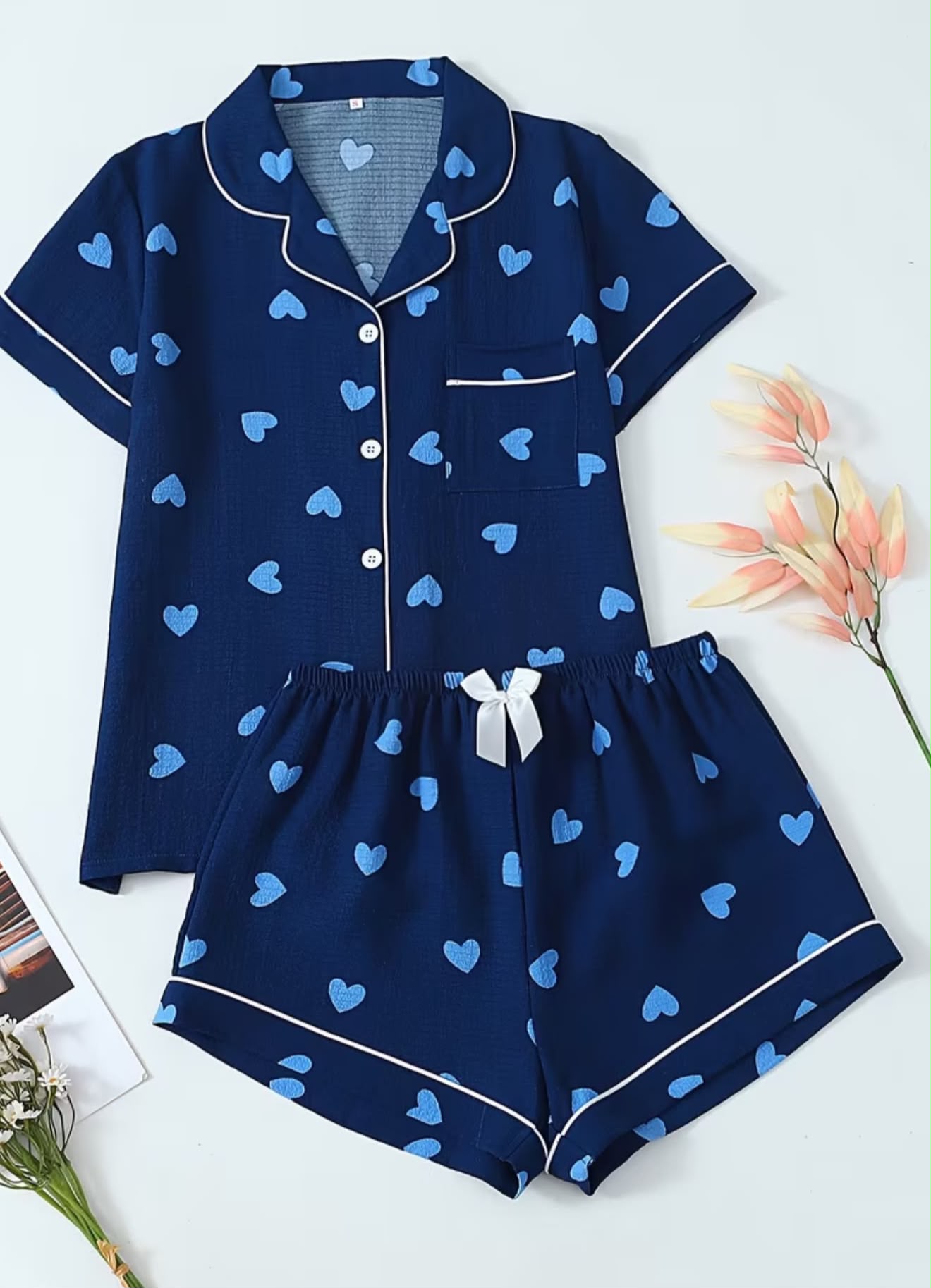 PIJAMA CONJUNTO CORTO AZUL CON CORAZONES TALLA S