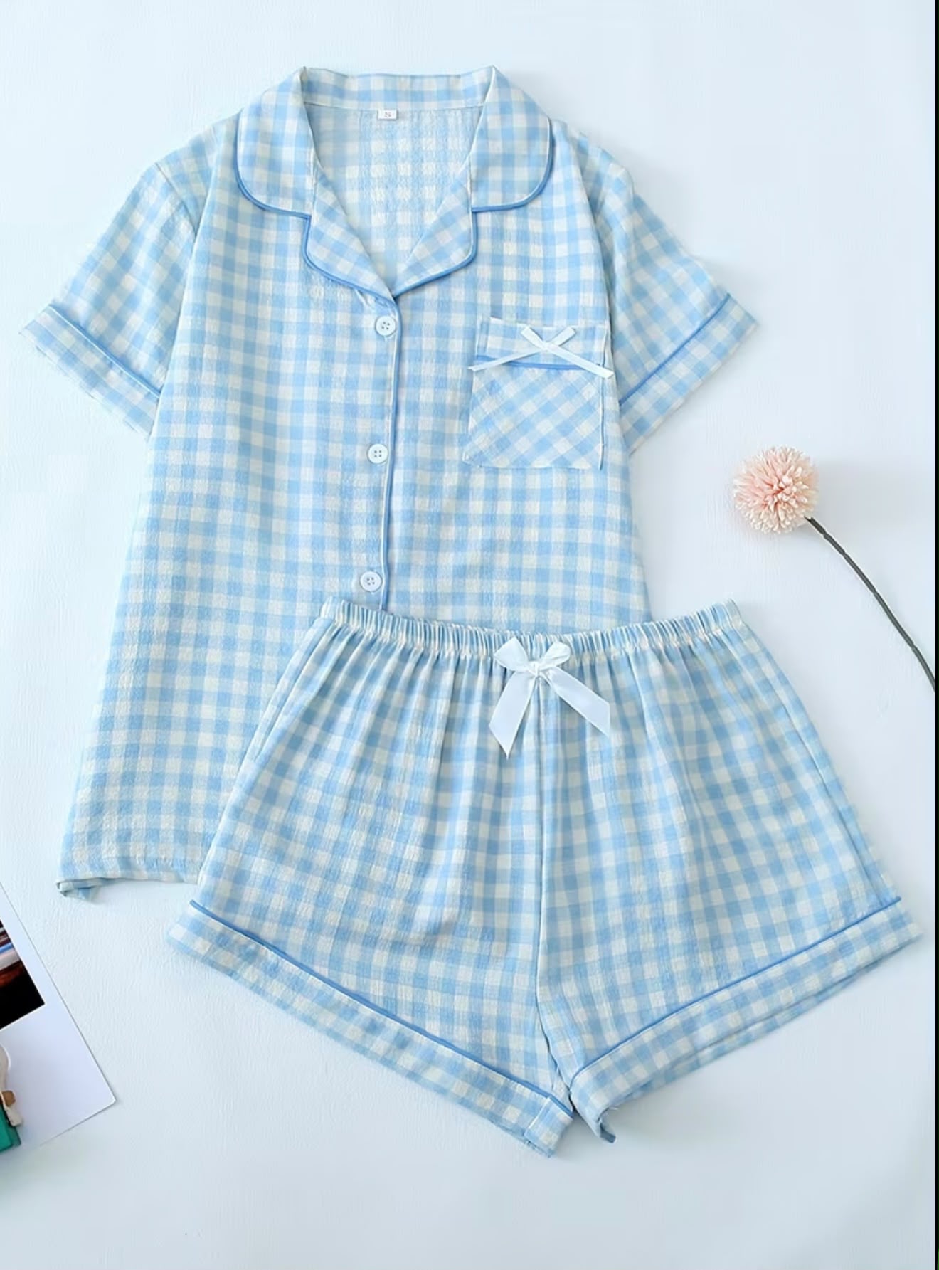 PIJAMA CONJUNTO CORTA DE CUADROS AZUL CLARO TALLA M