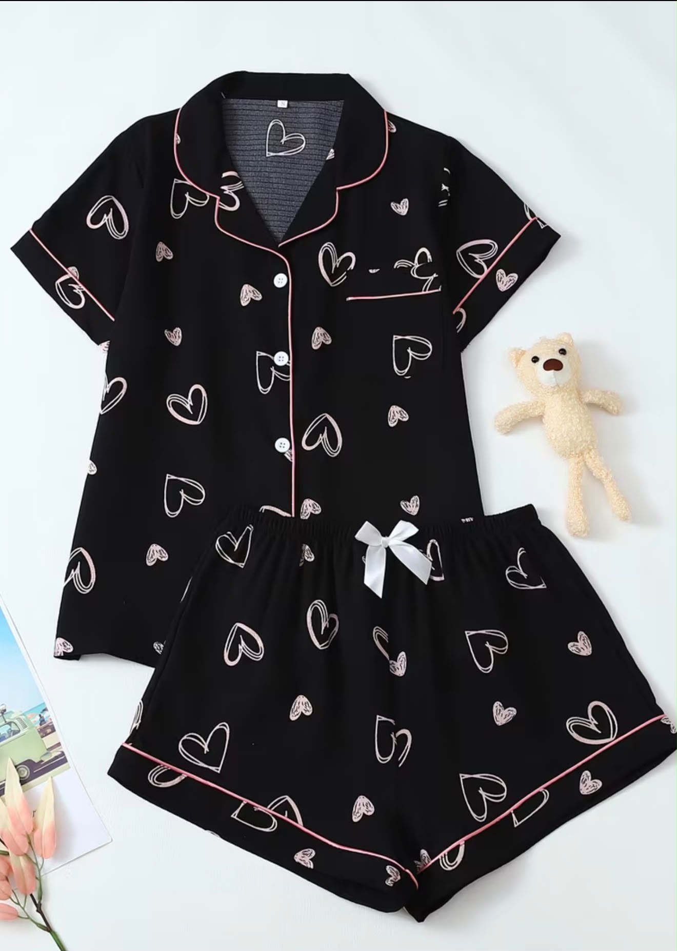 PIJAMA CONJUNTO CORTO CORAZON LINEAS ROSADAS TALLA L